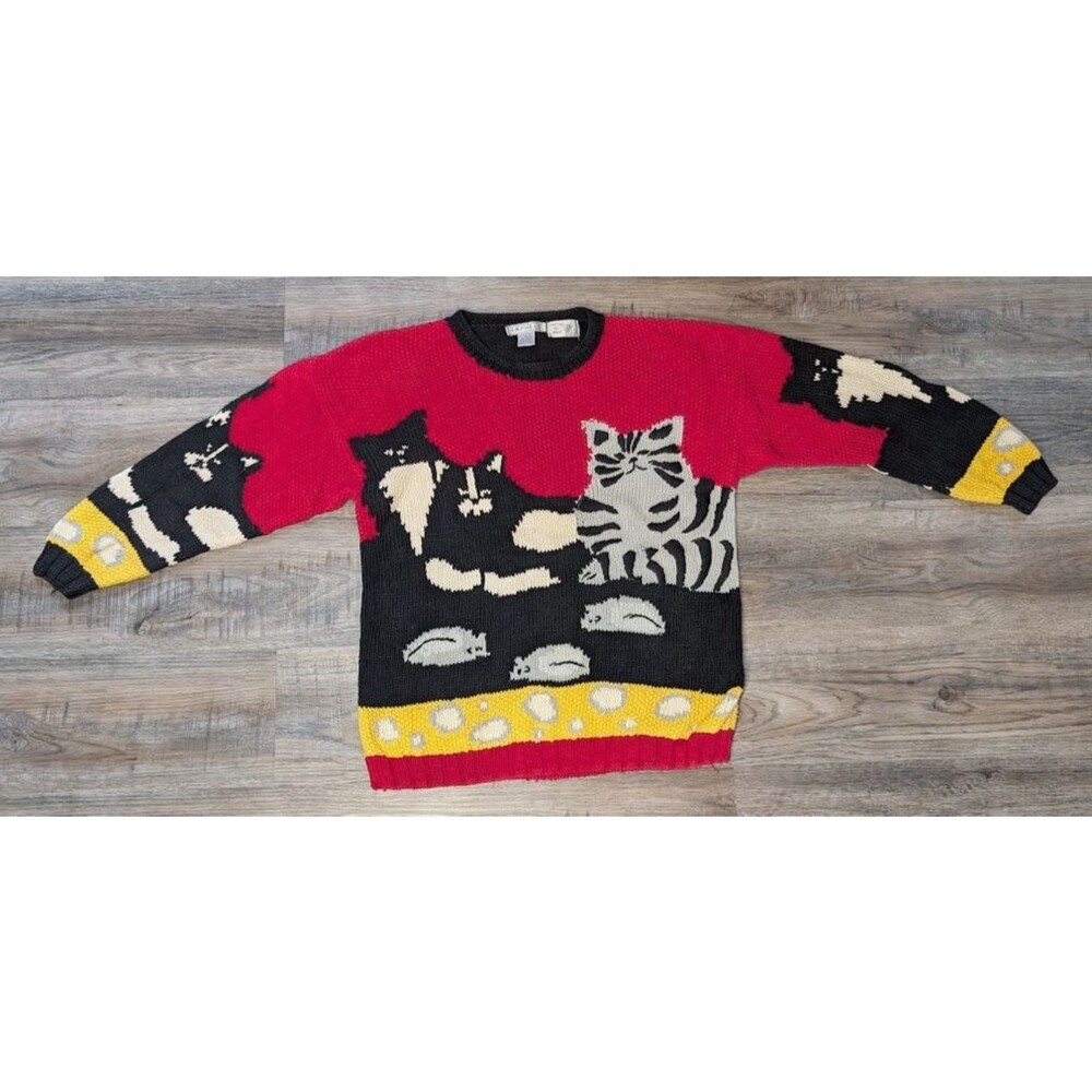 Vtg Raphels Cat Knit Sweater Kitten Mice Cheese Novelty Sz Large RED Rare